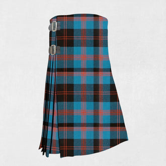 Hand-made Angus Tartan Kilt front view, showcasing adjustable straps and high-quality wool fabric with the bold Angus Tartan pattern.