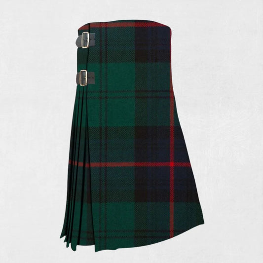Hand-made Armstrong Tartan Kilt front view, showcasing adjustable straps and high-quality wool fabric with the iconic Armstrong Tartan pattern.