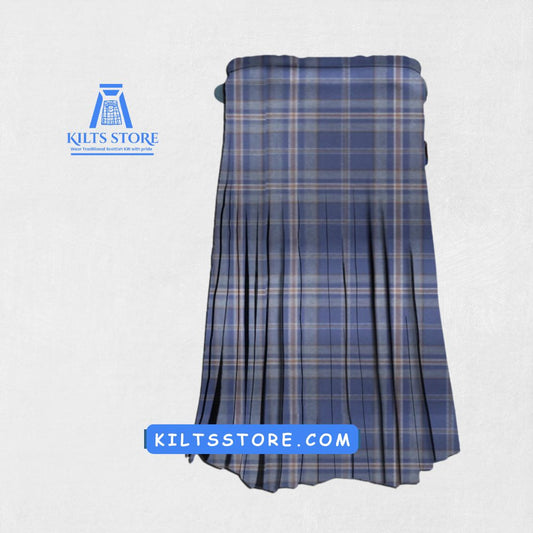 Hand-made Arran Mist Tartan Kilt front view, showcasing adjustable straps and premium wool fabric with the elegant Arran Mist Tartan pattern.