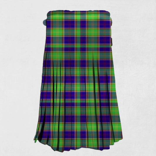 Hand-made Ayrshire Tartan Kilt front view, showcasing adjustable straps and premium wool fabric with the vibrant Ayrshire Tartan pattern.