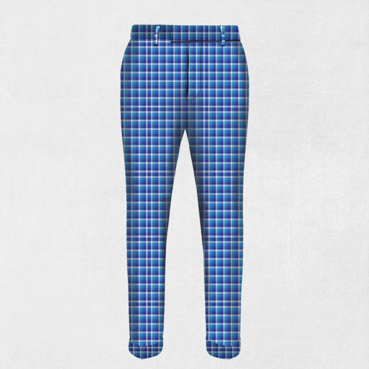  Handmade Bannockbane Light Blue Tartan Trousers - Front view showcasing the light blue tartan pattern and tailored fit.