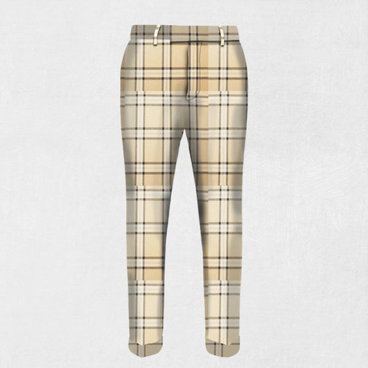 Handmade Beige Tartan Trousers - Front view showcasing the elegant beige tartan pattern and tailored fit.