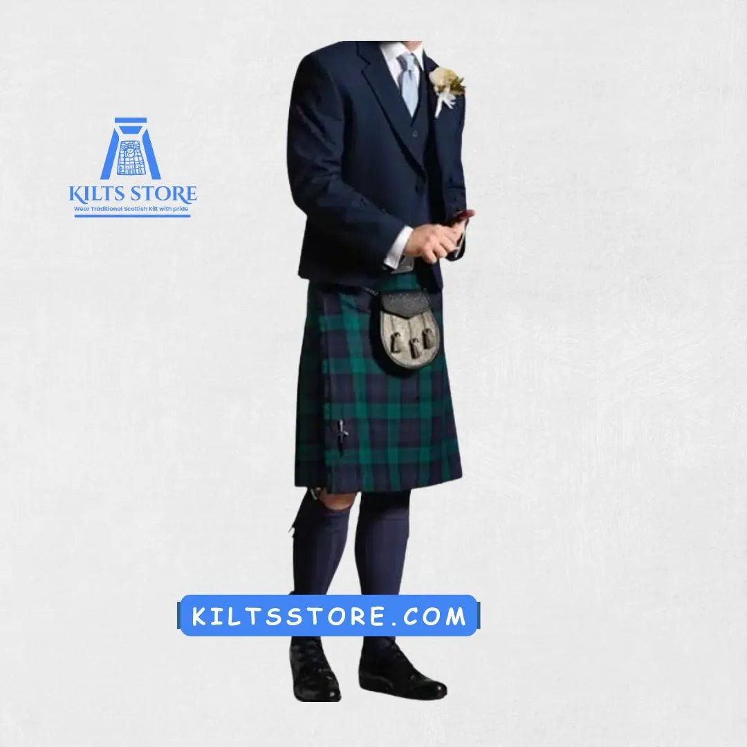 Front view of the Hand-Made Black Watch Tartan Kilt Outfit, showcasing the deep green and navy plaid pattern of the kilt, with a matching jacket and vest for a refined Scottish look.