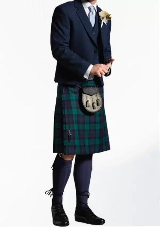 Front view of the Hand-Made Black Watch Tartan Kilt Outfit, showcasing the deep green and navy plaid pattern of the kilt, with a matching jacket and vest for a refined Scottish look.