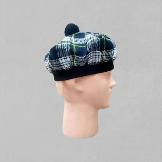 Side view of handmade Gordon tartan Tam o' Shanter hat with traditional plaid pattern and Kiltsstore branding.