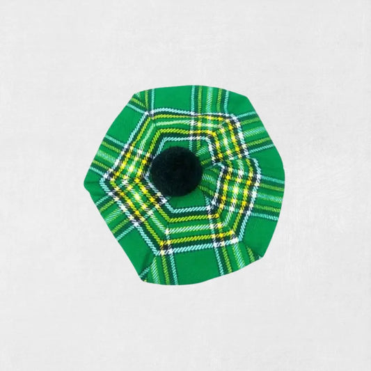  Front view of Hand-Made Irish Green Tartan Tam o’ Shanter Hat with pom-pom.