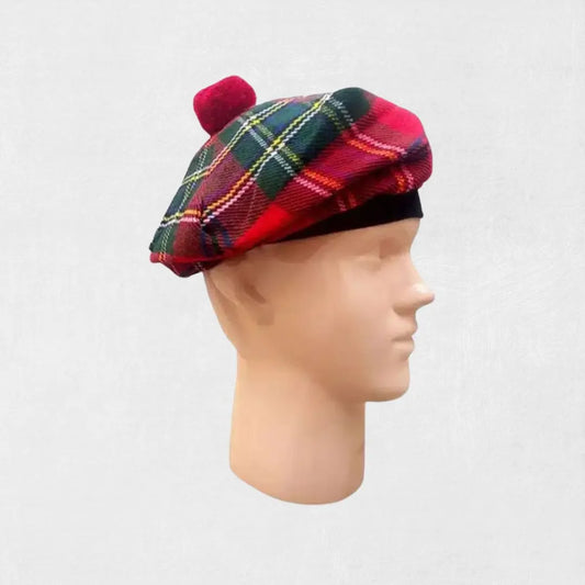 
Sideview of Hand-Made Royal Stewart Tartan Tam o’ Shanter Hat with pom-pom
