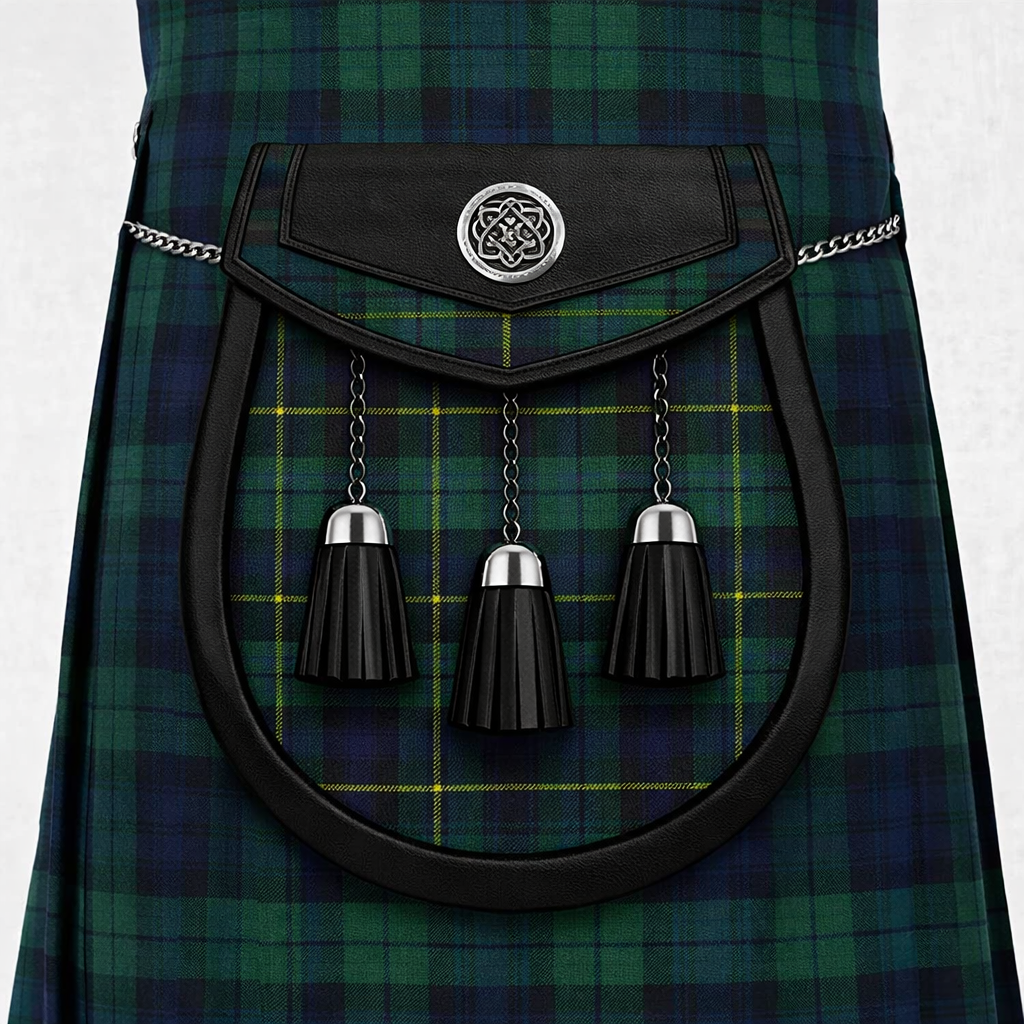 Handmade Alexander tartan sporran with traditional tassels and leather backing for classic Scottish kilt wear