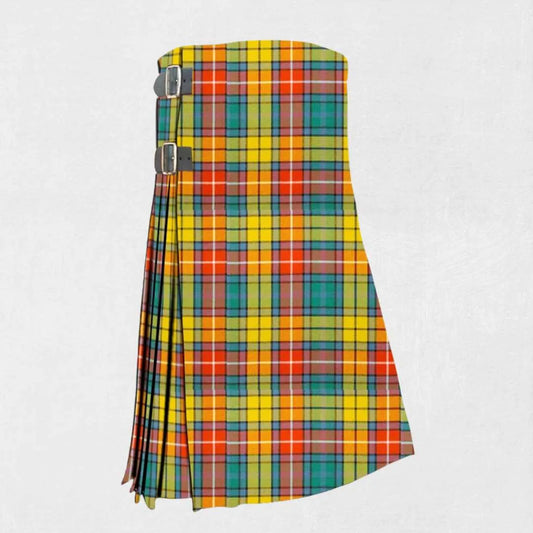 Hand made Buchanan Ancient tartan kilt with orange, green, yellow, and navy checks