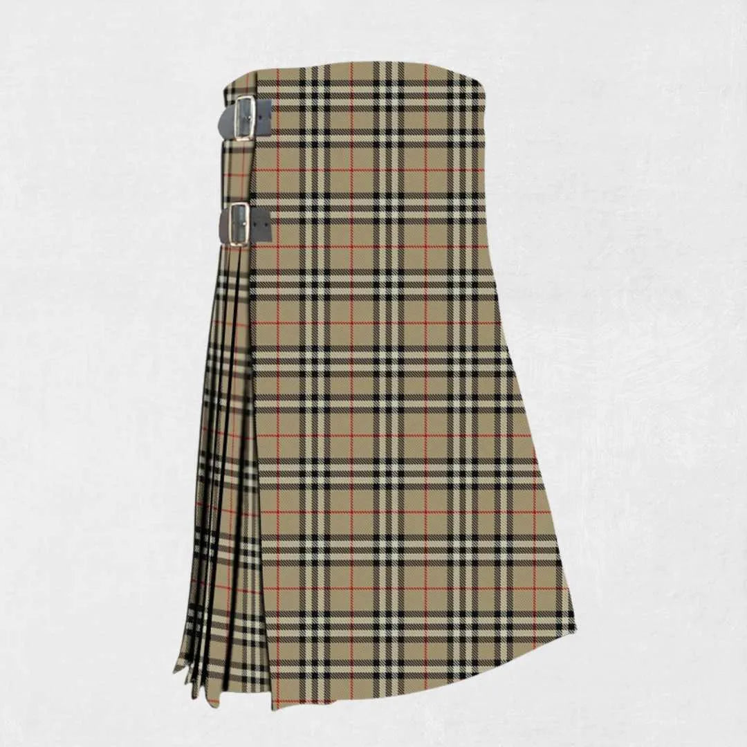 Hand made Burberry tartan kilt with beige, black, red, and white check pattern