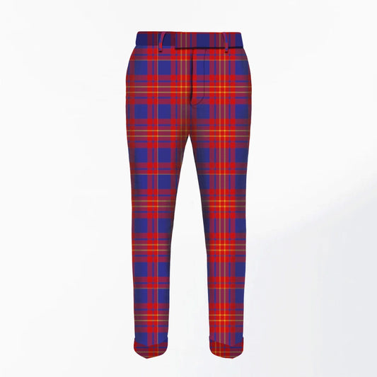 Front view of Hand Made Butler Tartan Trousers in black and green plaid with tailored pleats