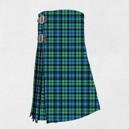 Hand made Campbell tartan kilt in green, navy, and black check pattern