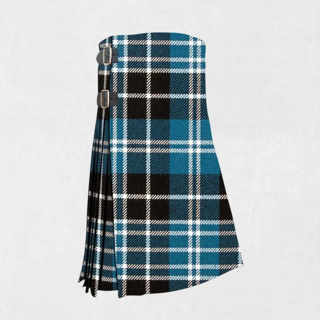 Handmade Clark tartan kilt in red, green, and blue with pleated back