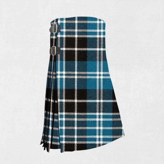 Handmade Clark tartan kilt in red, green, and blue with pleated back