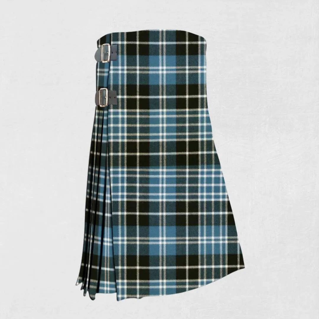 Clarke Ancient tartan kilt handmade in blue, green, and black with pleated back
