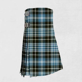 Clarke Ancient tartan kilt handmade in blue, green, and black with pleated back
