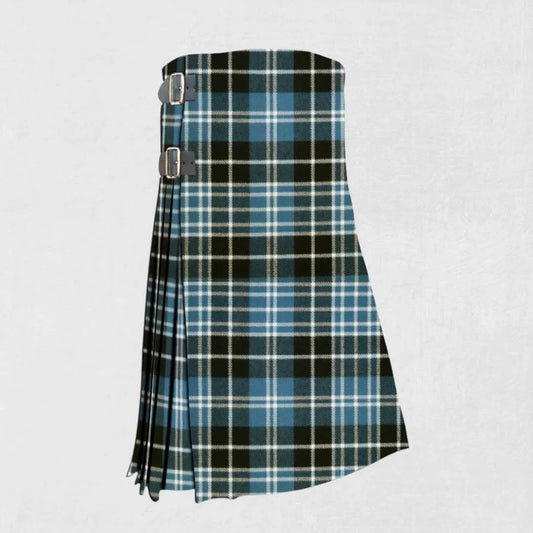 Clarke Ancient tartan kilt handmade in blue, green, and black with pleated back
