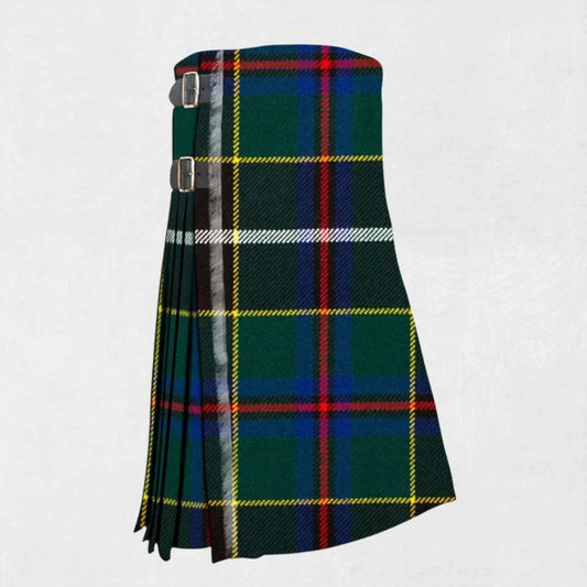 Handmade Cornish Hunting tartan kilt in green, navy, and black with red accents
