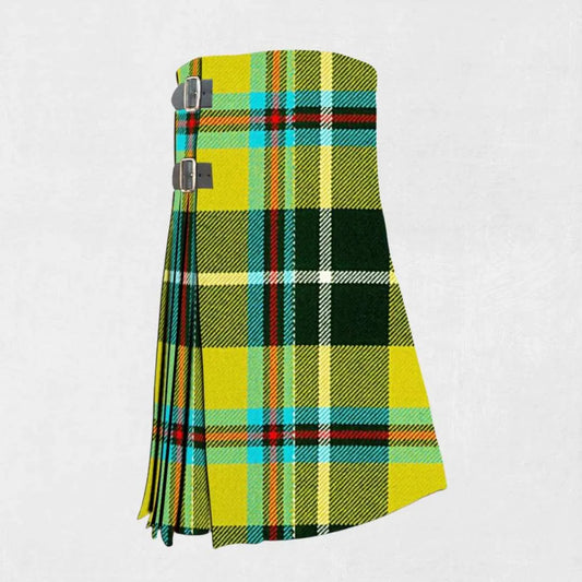Handmade Cornish tartan kilt in black, gold, and white with red overchecks
