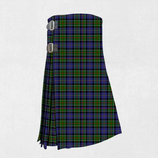 Handmade Cowan tartan kilt in green, navy, and red with yellow overchecks
