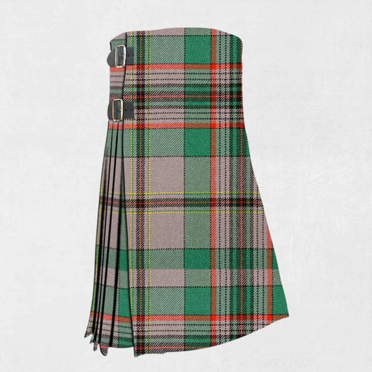 Handmade Craig tartan kilt in green, navy, and red stripes
