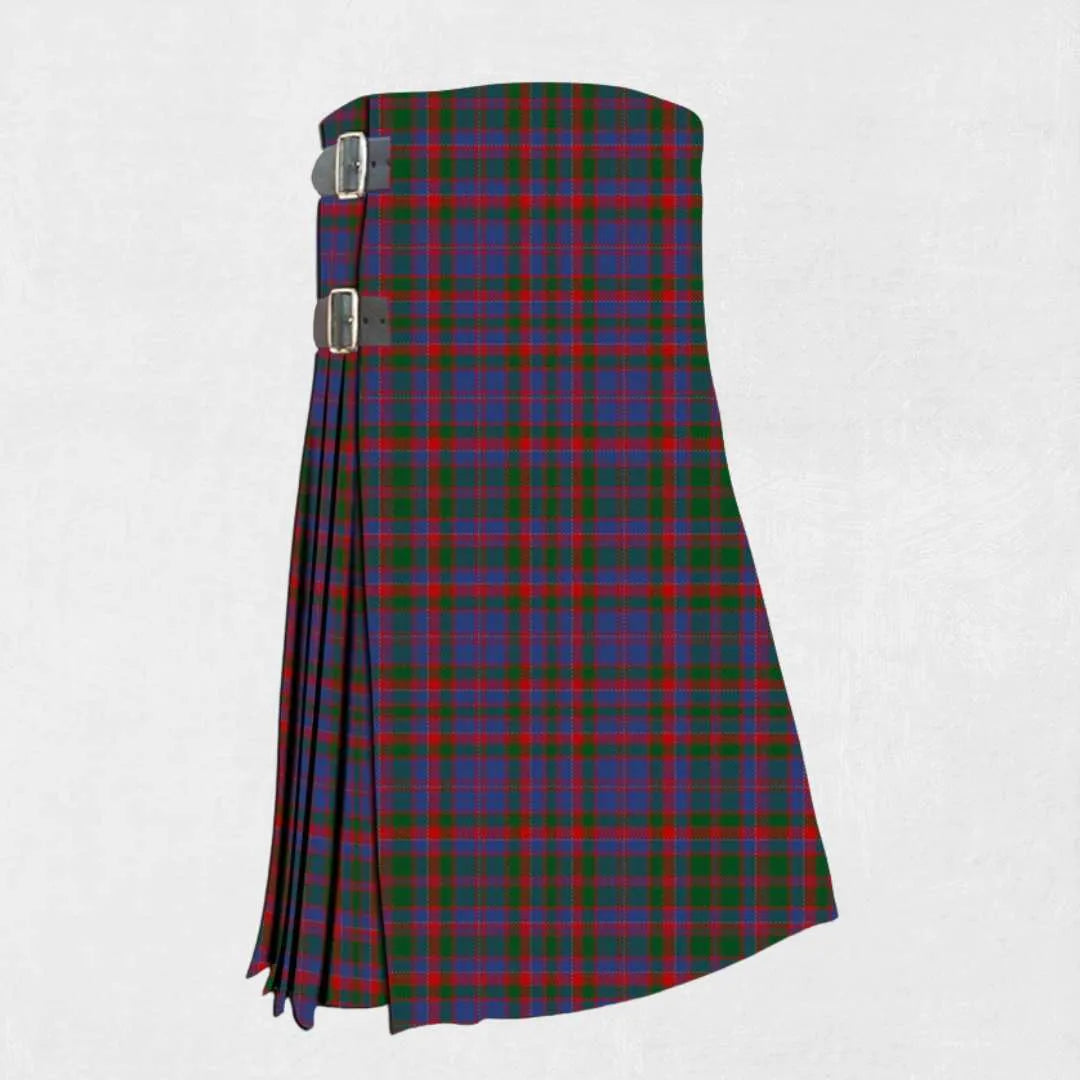 Handmade Cummings tartan kilt in green, navy, and red check pattern
