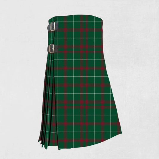 Handmade Cunningham tartan kilt in light blue, white, and black design
