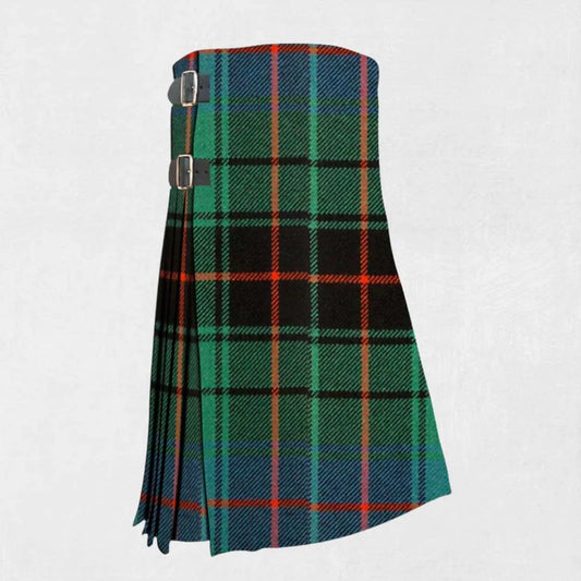Handmade Davidson tartan kilt in green, navy, black, and red pattern
