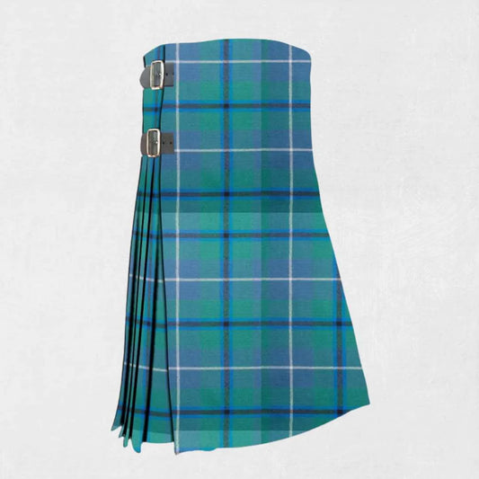 Handmade Douglas tartan kilt in green, navy, black, and blue check design

