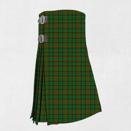 Handmade Doyle tartan kilt in green, navy, black, and red design
