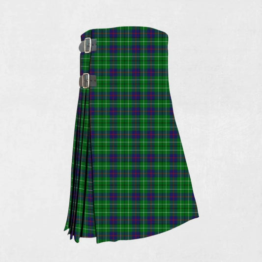 Handmade Duncan tartan kilt in green, navy, black, and yellow design
