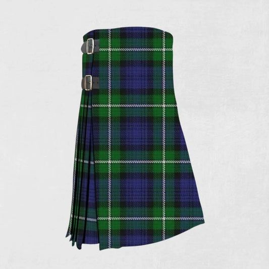 Handmade Forbes tartan kilt in dark green, navy, and black pattern
