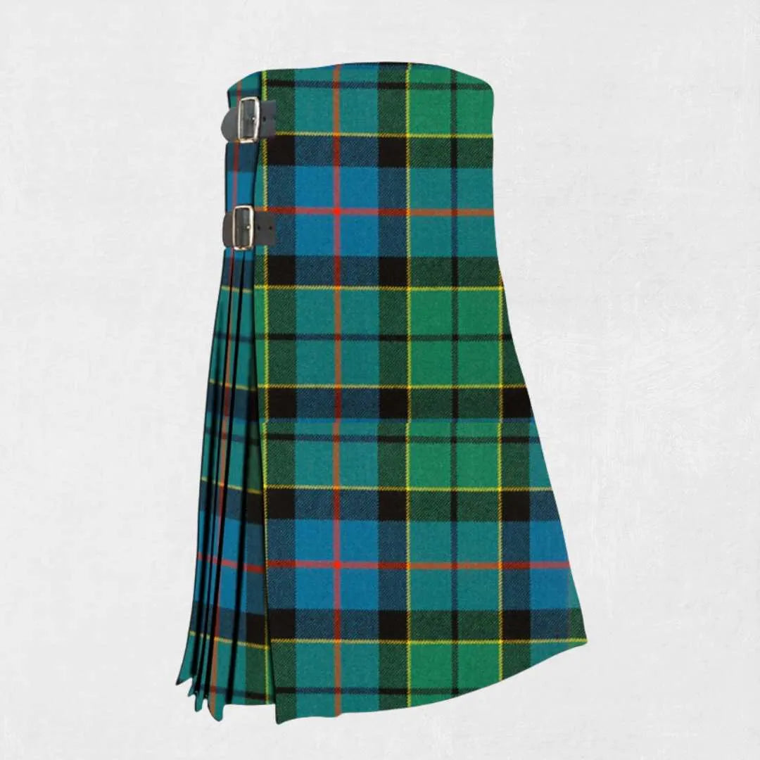 Handmade Forsyth tartan kilt in green, navy, red, and yellow pattern
