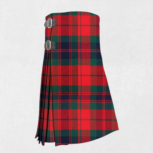 Handmade Fraser tartan kilt in red with green, black, and white checks
