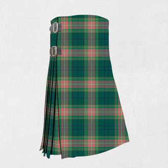 Handmade Gallagher tartan kilt in green, navy, and red check pattern
