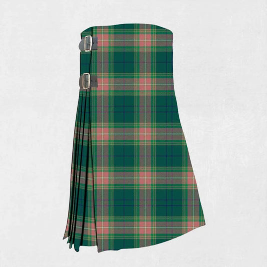 Handmade Gallagher tartan kilt in green, navy, and red check pattern

