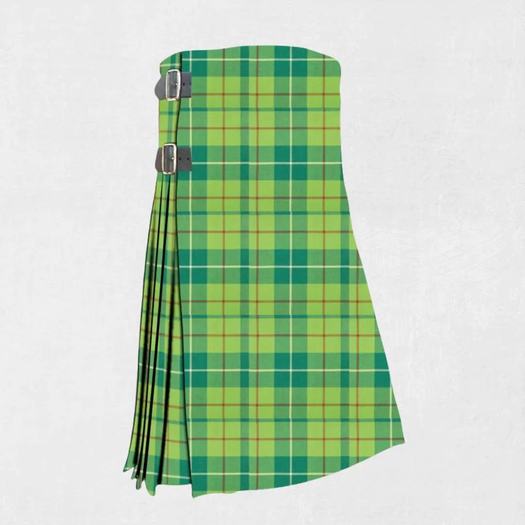 Handmade Galloway Hunting tartan kilt in green, navy, brown and red design
