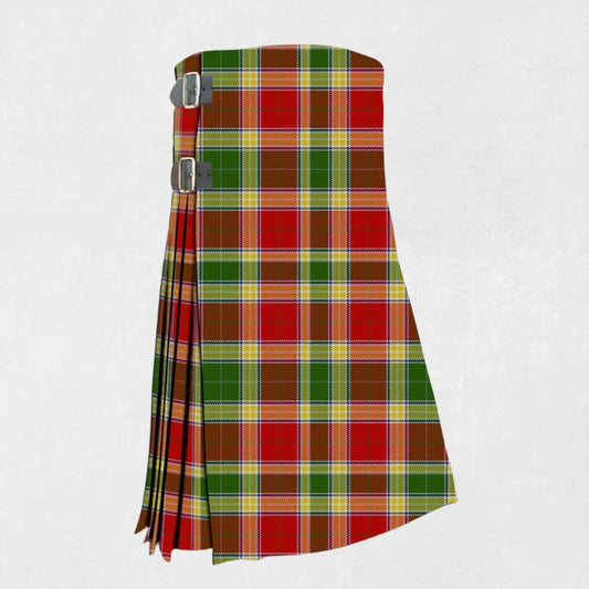 Handmade Gibson tartan kilt in green, navy, and red check pattern
