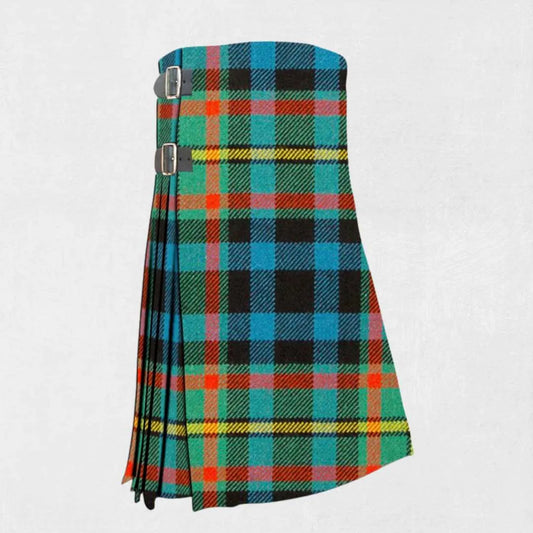 Handmade Gillies tartan kilt in green, navy, black, and red design
