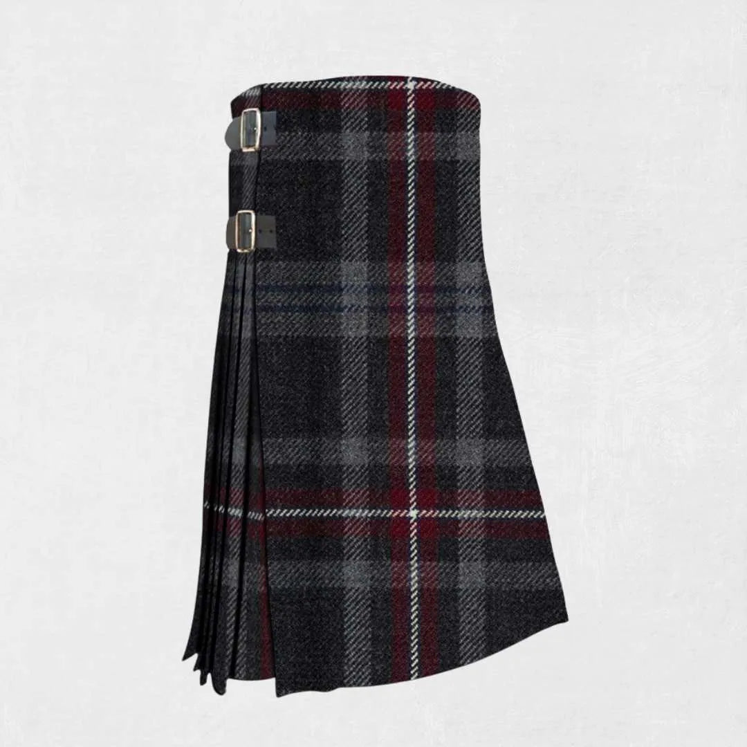Handmade Hebridean Heather tartan kilt in purple, grey, and black tones
