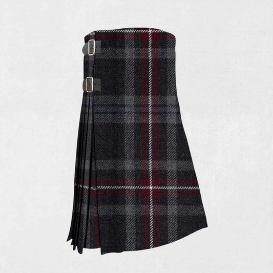 Handmade Hebridean Heather tartan kilt in purple, grey, and black tones
