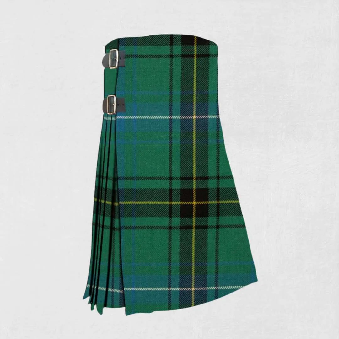 Handmade Henderson tartan kilt in blue, green, black, and red design
