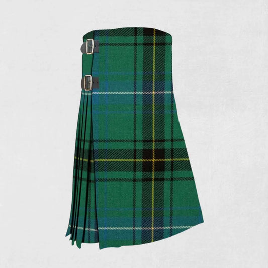 Handmade Henderson tartan kilt in blue, green, black, and red design
