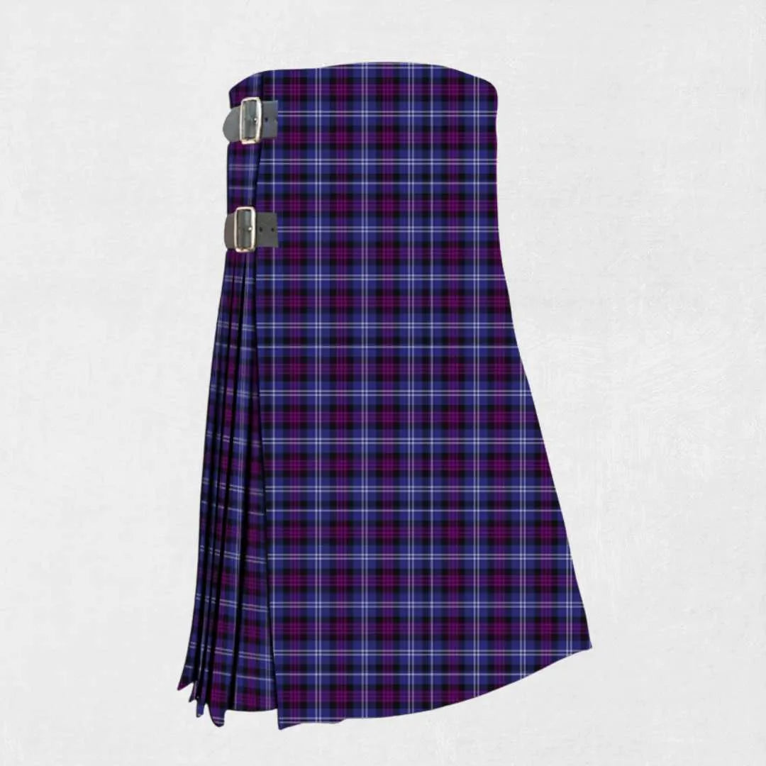 Handmade Heritage of Scotland tartan kilt in royal blue, purple, and black
