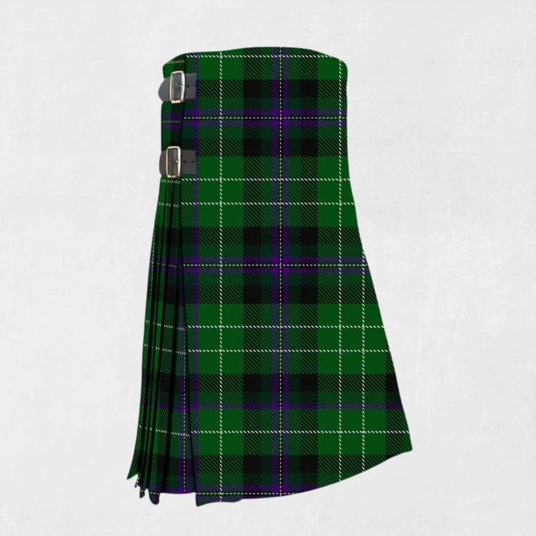 Handmade Hibs tartan kilt in green, white, and black football design
