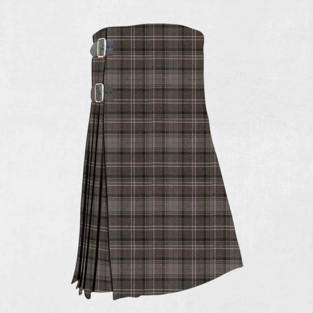 Handmade Highland Granite tartan kilt in grey, black, and red check design
