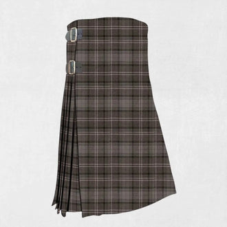 Handmade Highland Granite tartan kilt in grey, black, and red check design

