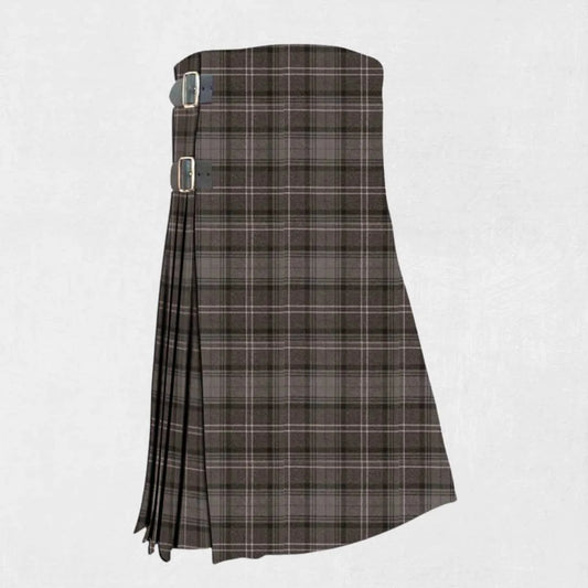Handmade Highland Granite tartan kilt in grey, black, and red check design
