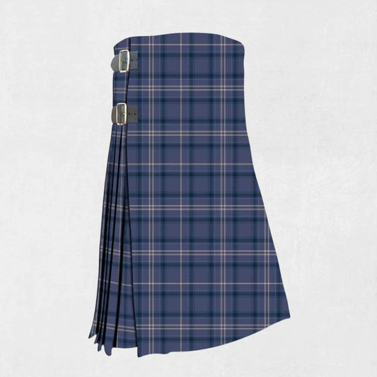 Handmade Highland Sky tartan kilt in blue, grey, and white check pattern
