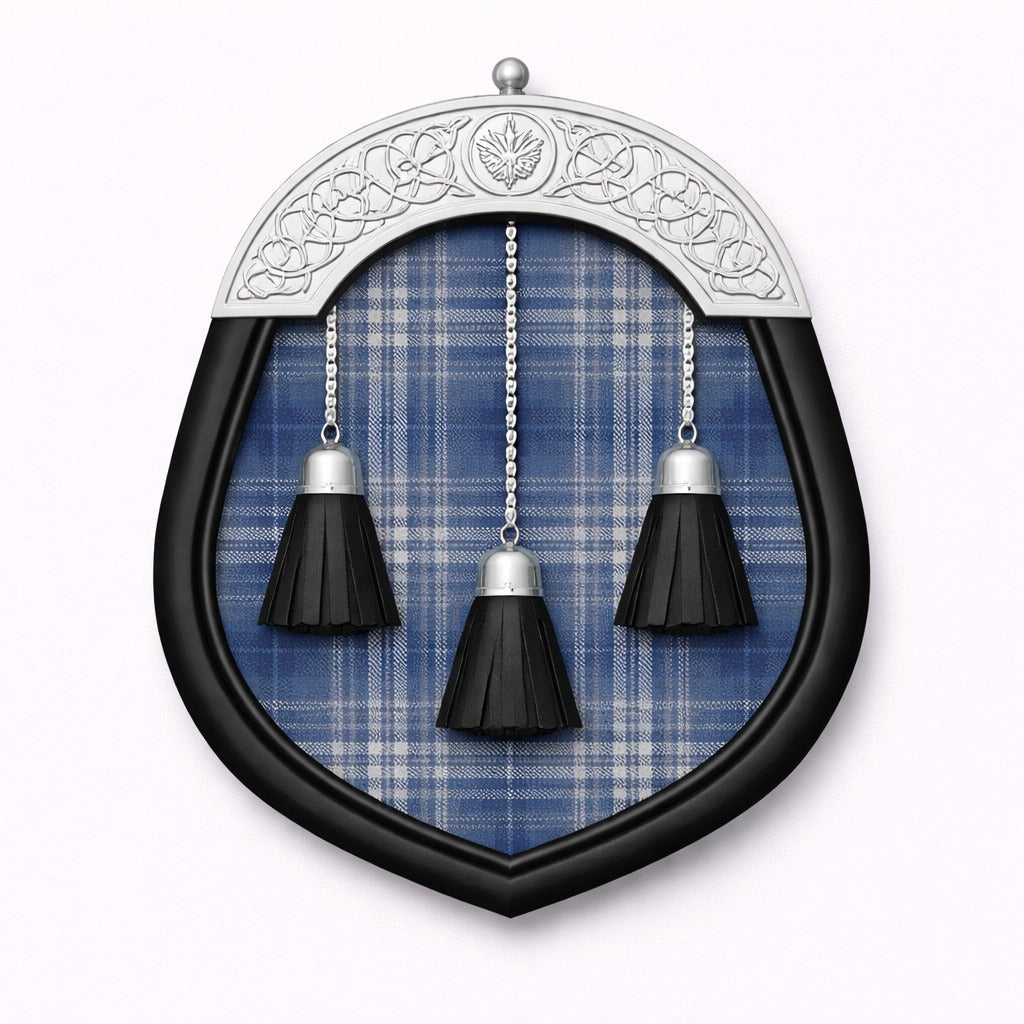 Hand made Arran Mist tartan sporran with subtle Scottish design worn with kilt
